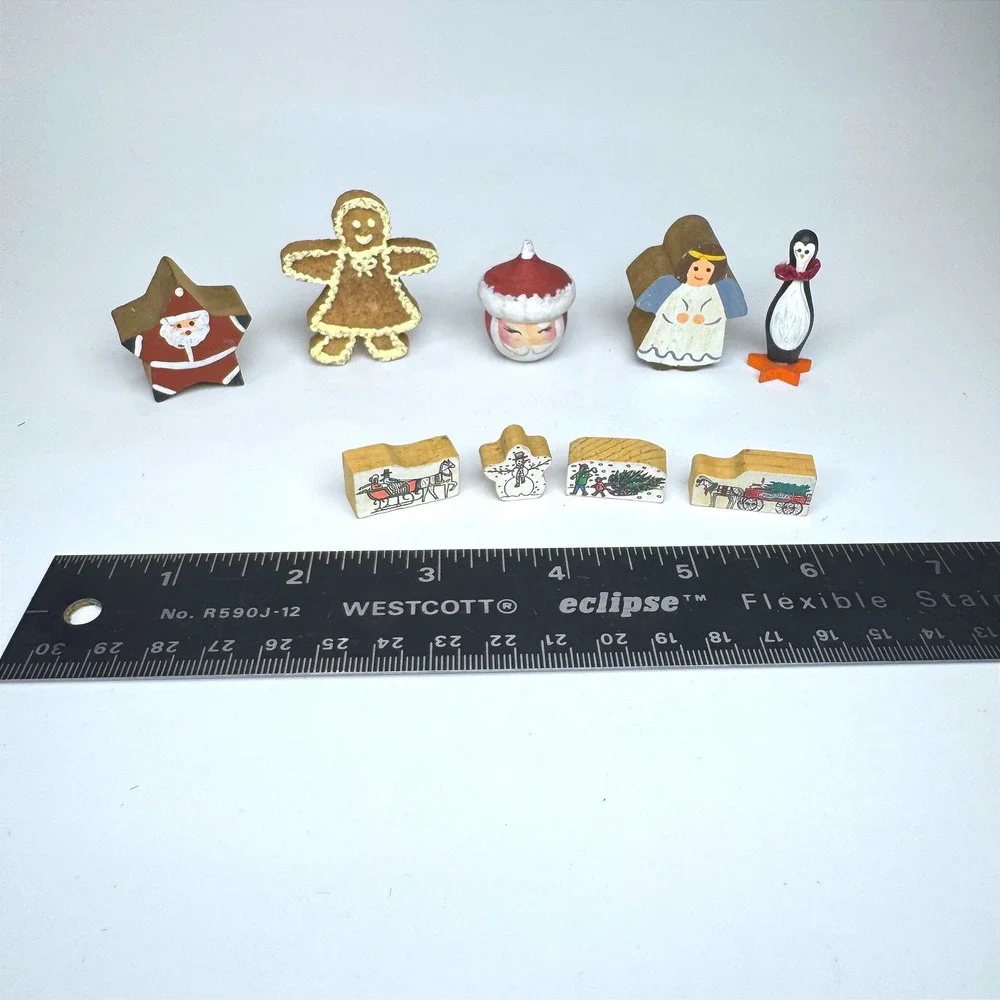 Vintage 90s Hand Painted Wooden Christmas Miniatures Lot of 9 misc pieces Decor